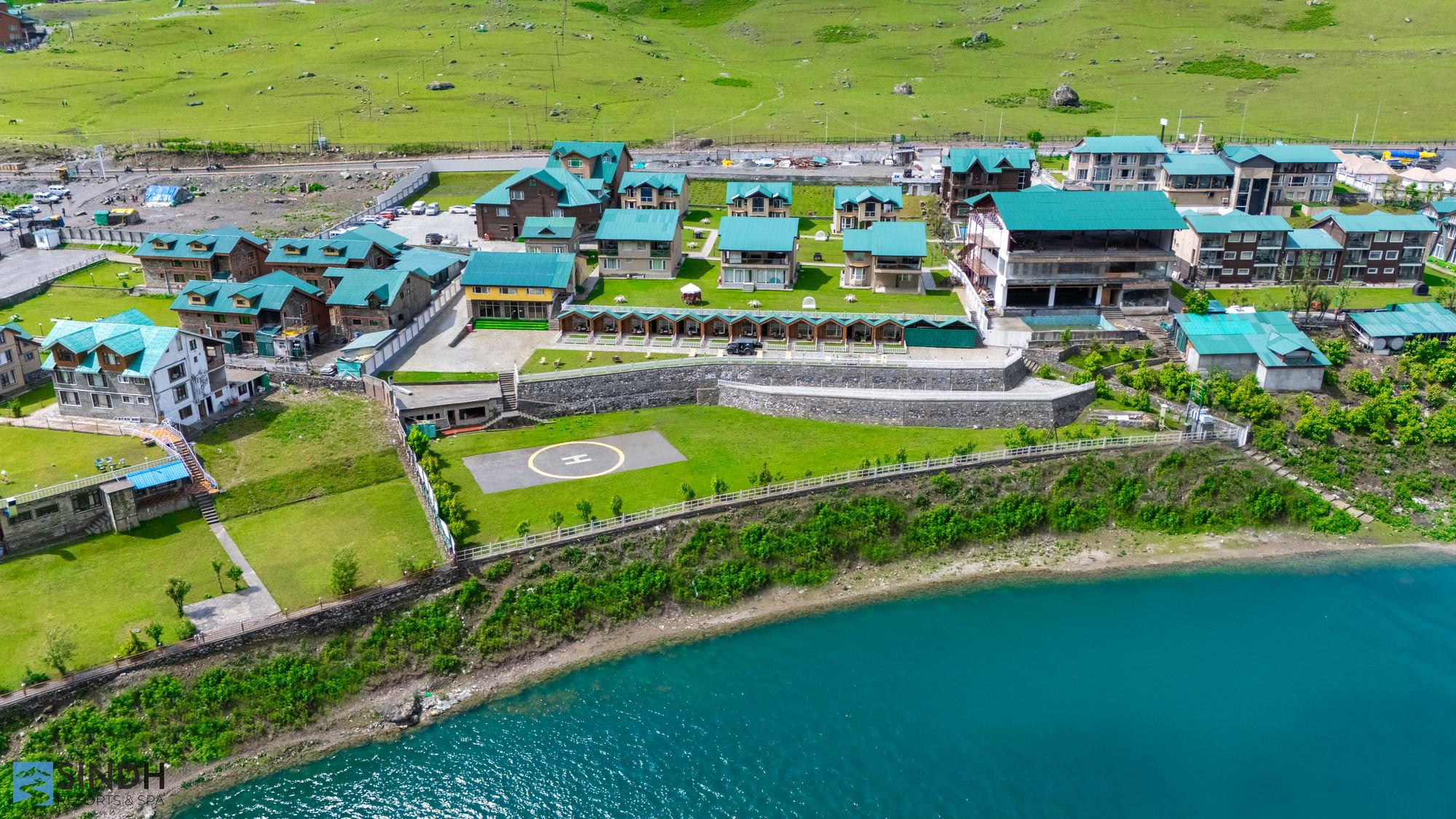 Aerial view of Sindh Resorts & Spa beside the river